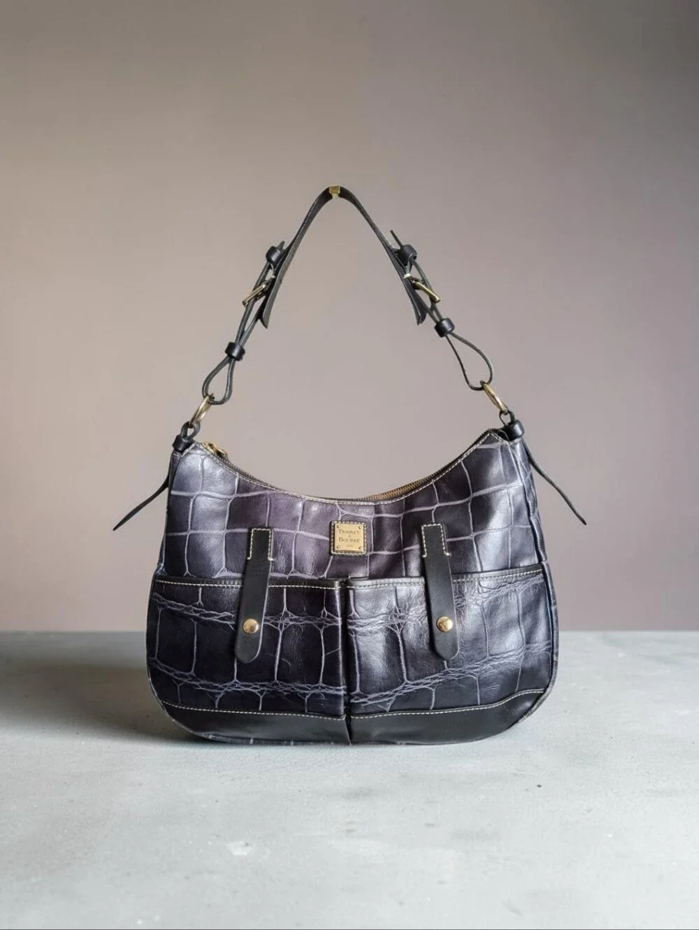 Dooney & Bourke Black Croc-Embossed Leather Shoulder Bag